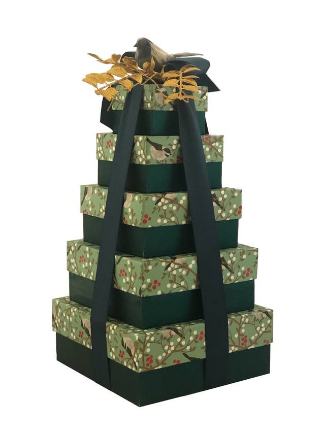 Winter Berries & Fine Feathered Friends 5 Tier Tower for wholesale by All Wrapped Up Custom Gift Packaging