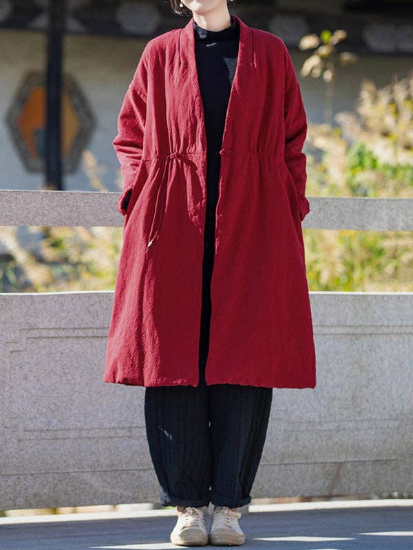 VividLux – Engroshandel Frakke - Dame – Lange ærmer Løst bomuldspolstret tøj Træksnor Quiltet ensfarvet fløjl V-hals Overtøj Polstret frakke3