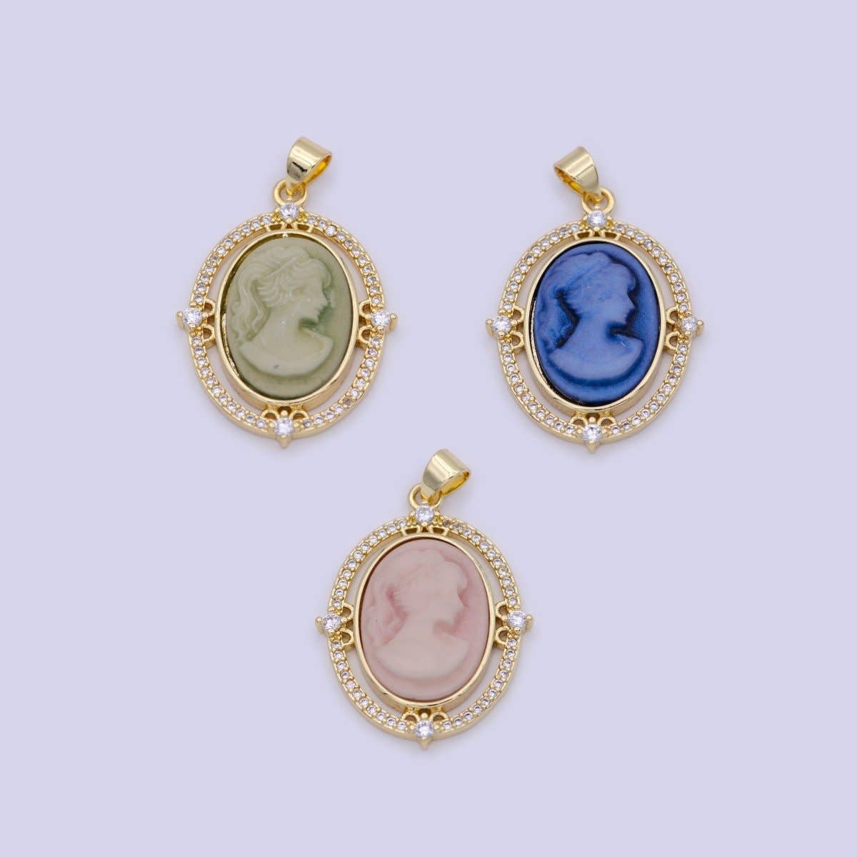 Aim Eternal - Wholesale Individual Charm/Pendant - 24K Gold Filled Micro Paved CZ Blue Pink Green Agate Women's Portrait Italian Cameo Victorian Vintage Pendant N-616 N-617 N-6187