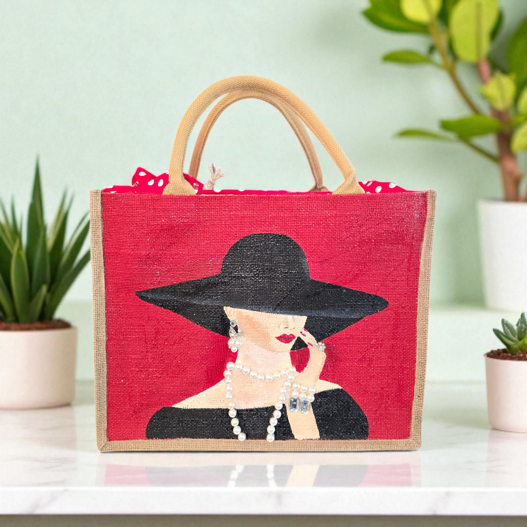 Dana's Uncommon Glass - Wholesale Tote Bag - Women's - Hand-Painted Jute Tote – Elegant Lady in Hat – Pearl Accents4