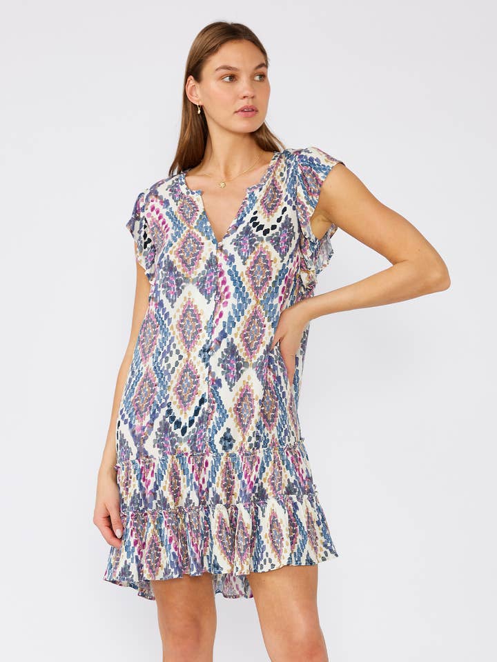 Boho Geometric Flutter Sleeve Tiered Mini Dress for wholesale by Lovestitch