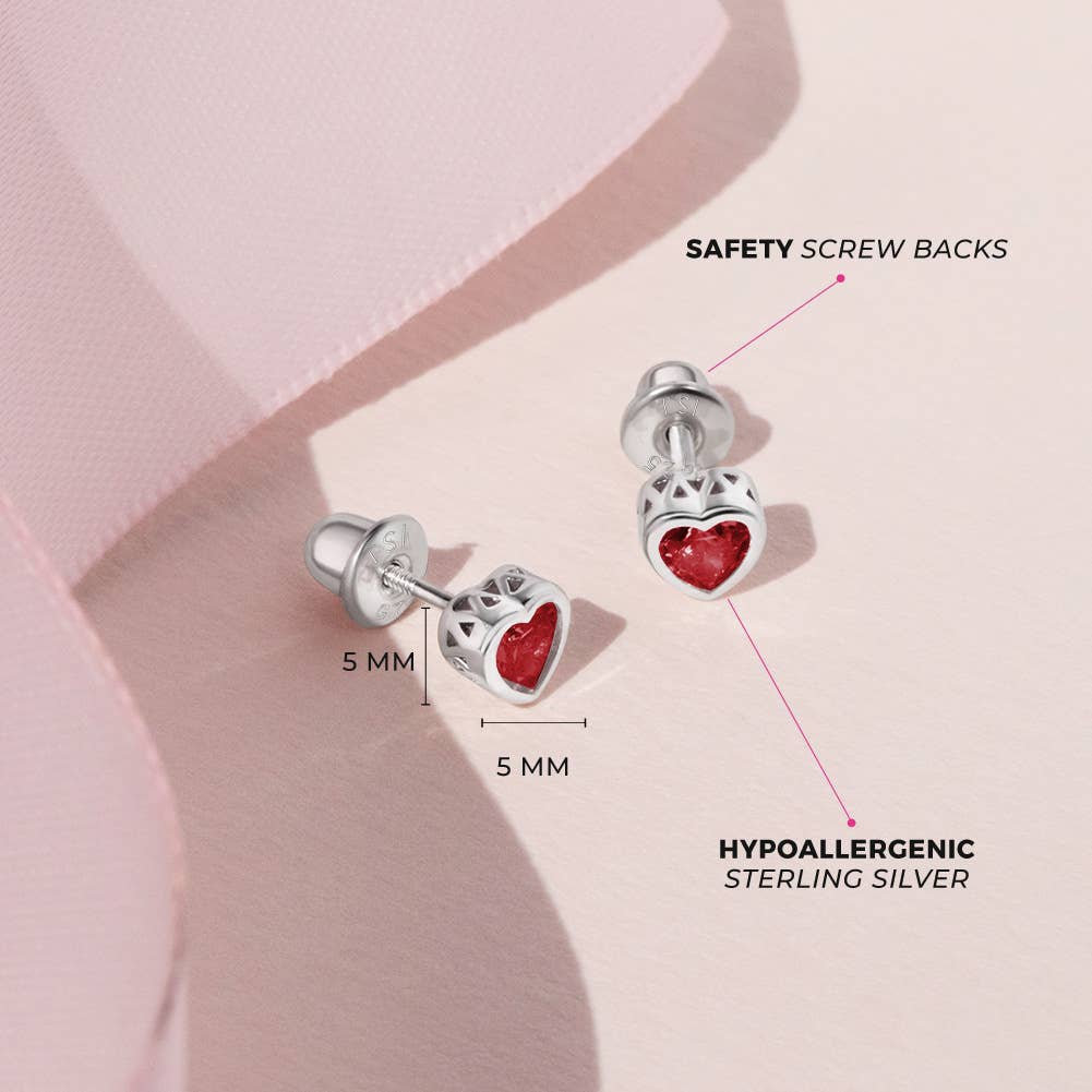 In Season Jewelry - Wholesale Earrings - Kids - CZ Birthstone Heart Toddler Kids Earrings - Sterling Silver28