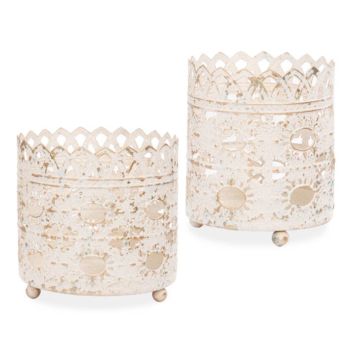 S/2 Cream Distressed Decorative Metal Containers for wholesale by Blossom Bucket & Crossroads Home