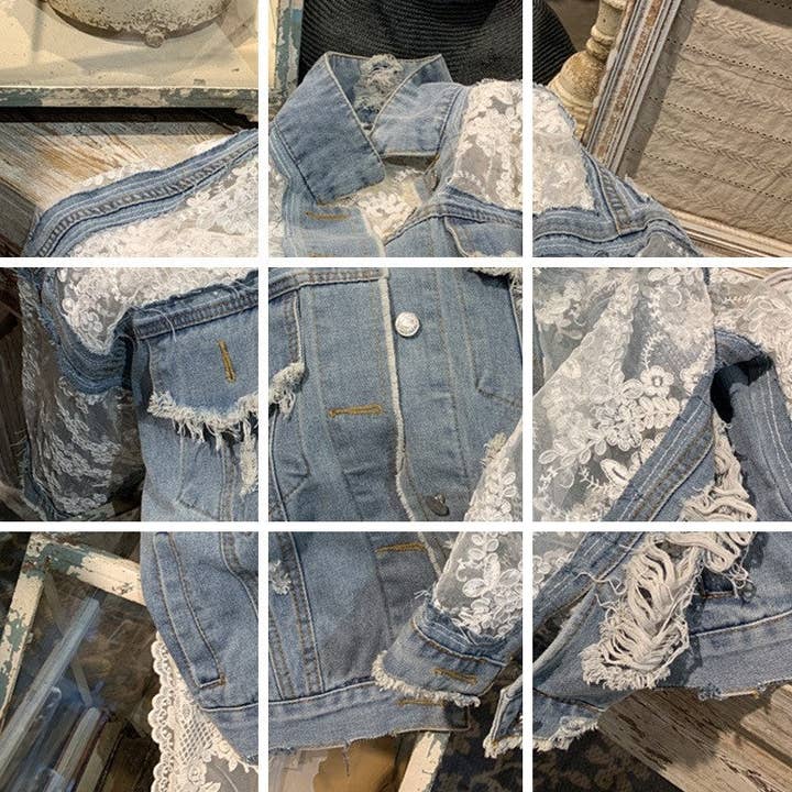 BABY BLUE Distressed Denim Jacket With Sheer Embroidery for wholesale on Faire