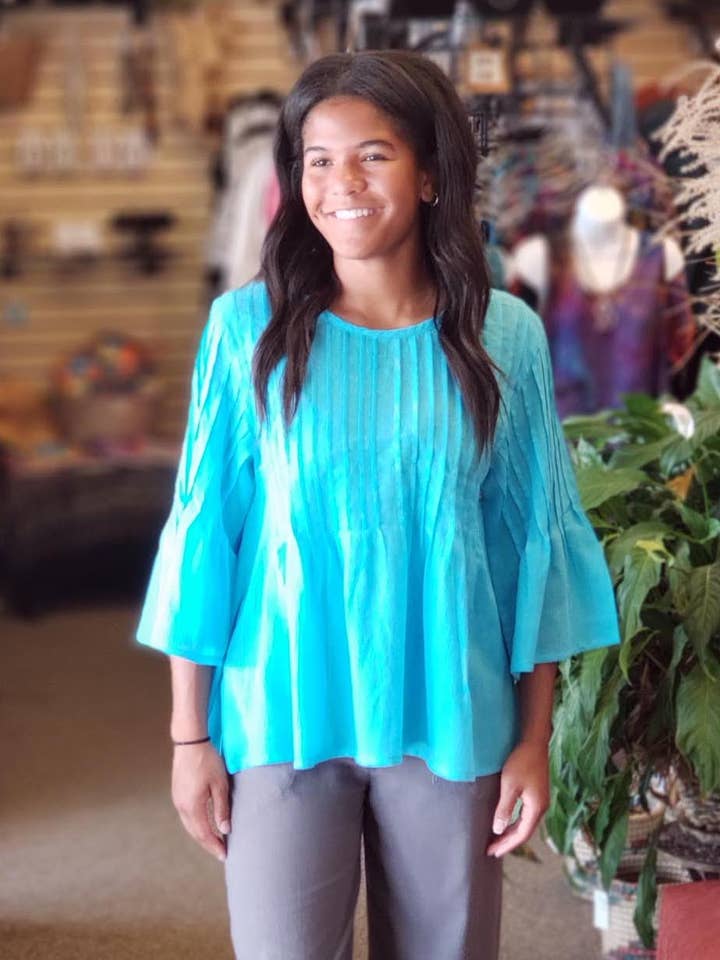 Pleated 3/4 Sleeve Top Turquoise for wholesale by Zumi