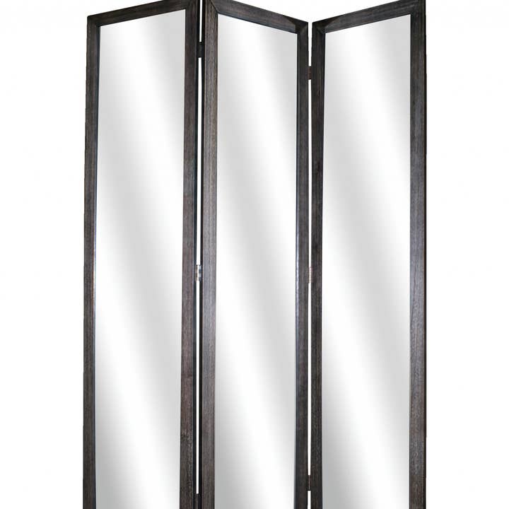 Biombo de Três Painéis Dobrável de 69" em Madeira Preta e Vidro Espelhado por atacado de HomeRoots
