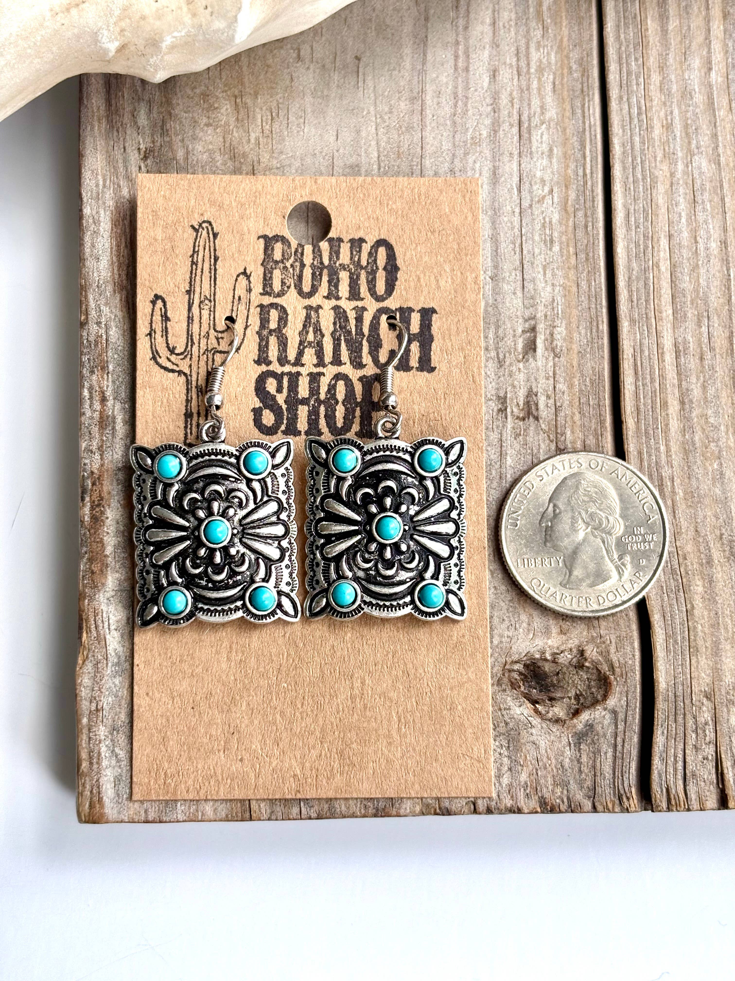 Boho Ranch Shop - Wholesale Dangle Earrings - Western Style Embossed Concho Stone Dangle Earrings2