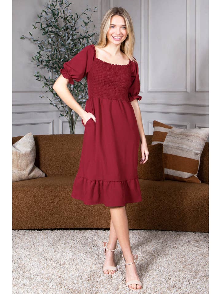 Mini Momo - Wholesale Dress – Women's - Smocked Dress Short Puff Sleeve Ruffle Smocking Crepe Midi1