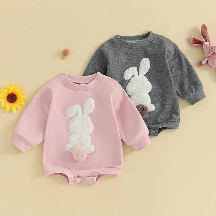 Easter Cute Embroidered Rabbit Fur Ball Romper jumpsuit for wholesale by Little Trendy