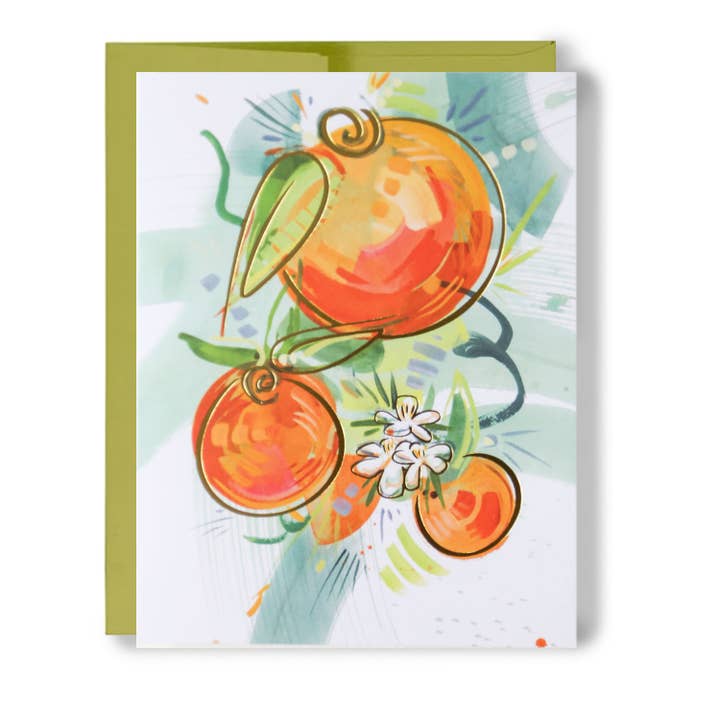 Carte de vœux Three Oranges | Citrus Gold Foil pour la vente par Kristin Cronic Studio