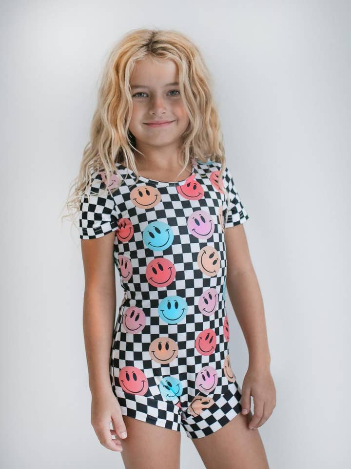 Oopsie Daisy - Wholesale Leotard - Kids - Kids Retro Smiley Face Checkered Dance Gymnastics Leotard