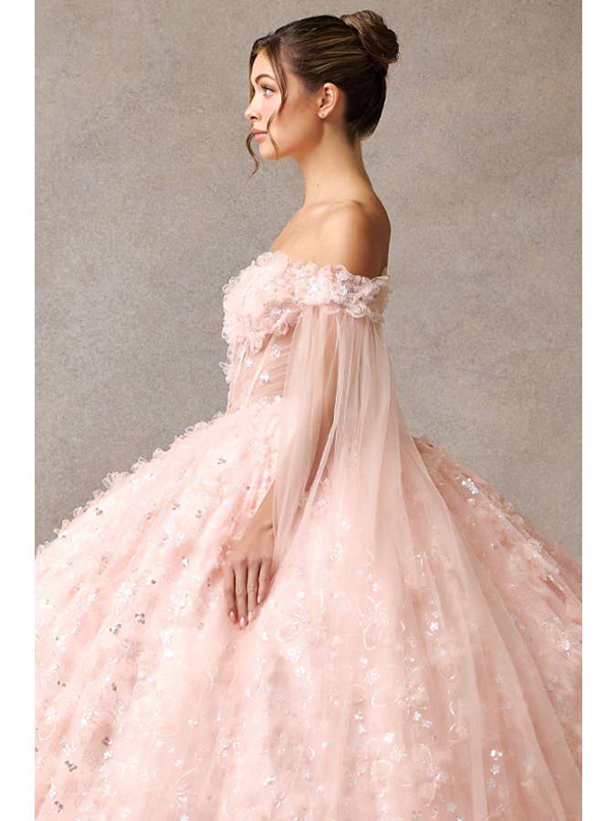 BLUSH Off Shoulder Cape Sleeve Quinceanera Ball Gown for wholesale on Faire4