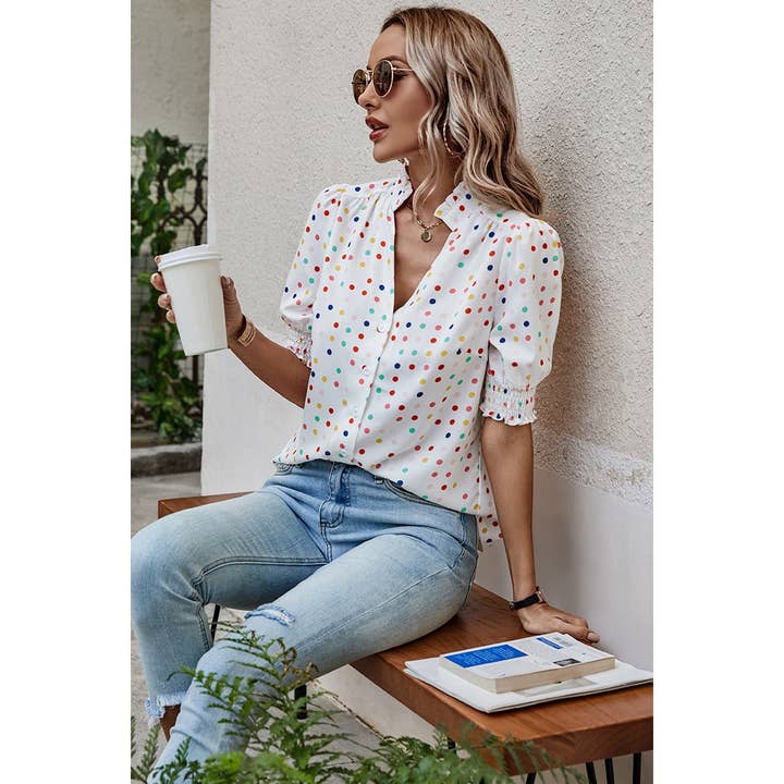 Supreme Fashion - Wholesale Button Down Shirt - Women's - Polka Dot Print Puff Sleeve Loose Shirt