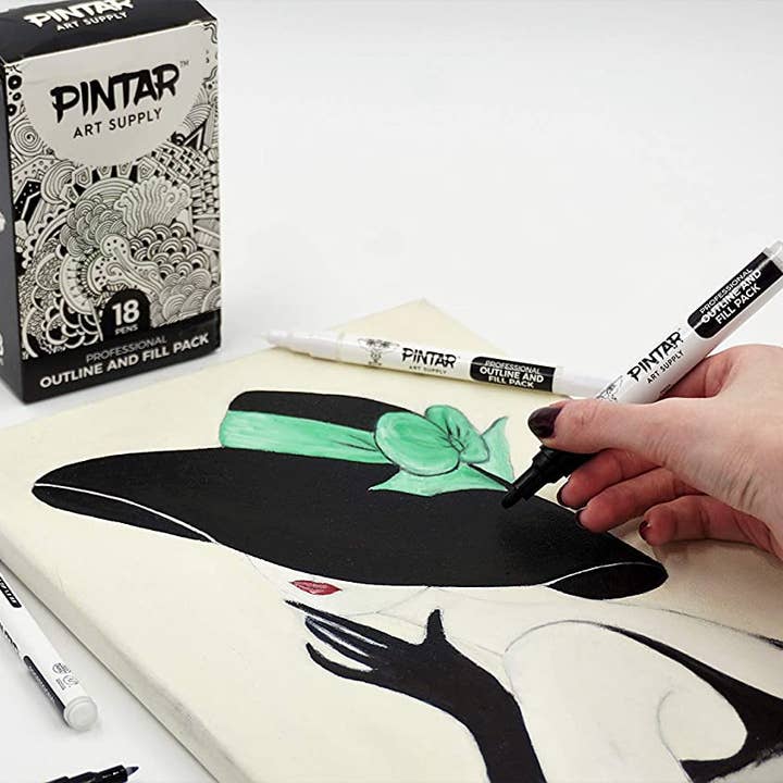 Pintar Art Supply - Wholesale Marker - PINTAR Art Supply Professional Outline & Fill Pack - Set of 18 Black/White Paint Markers (6) 0.7mm (6) 1mm (6) 5mm Tips - Smooth-Flowing Japanese Ink6