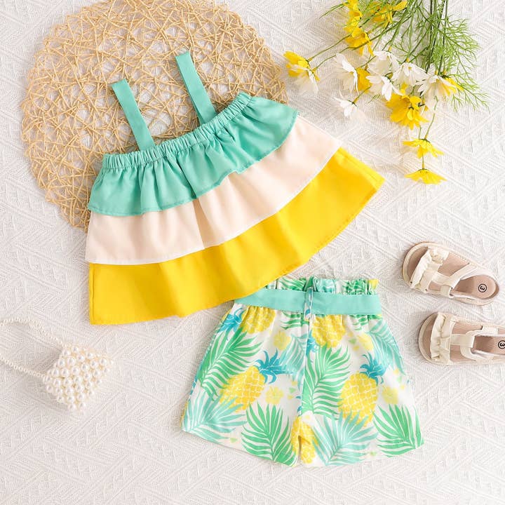 green 9M-4Y Toddler Girls Camisole Tops Tropical Botanical Print Shorts Two Piece Set Wholesale Girls Clothes V3824042400174 for wholesale on Faire
