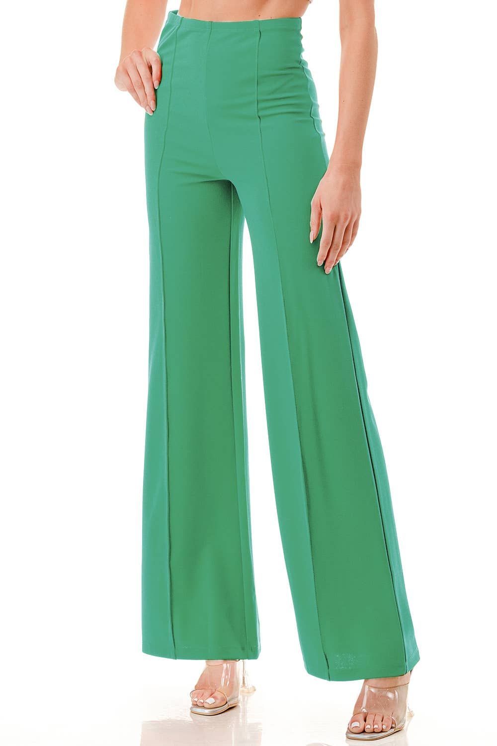 Color 5 - Wholesale Pants - Women's - Solid color wide leg high waist dressy pants with trim line15