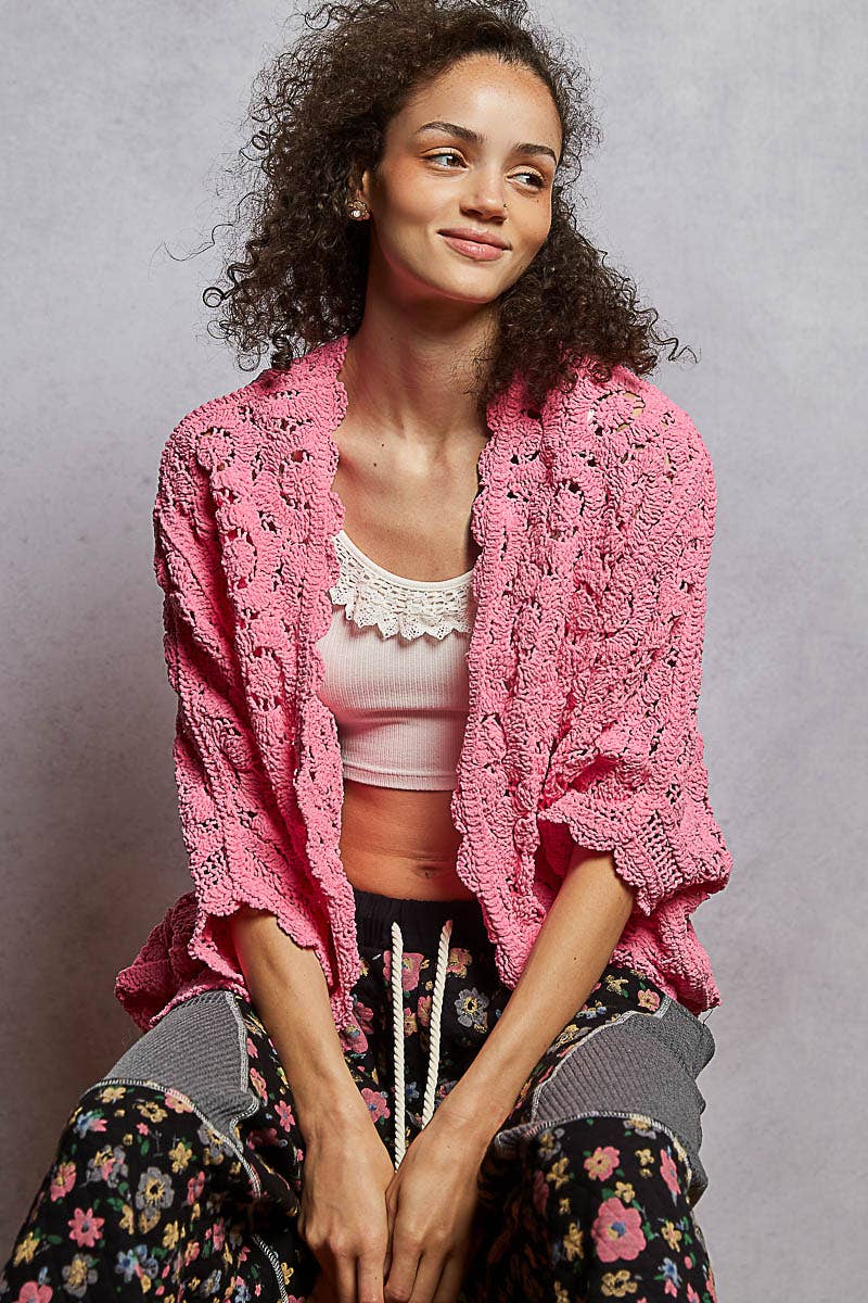 Pol Clothing - Wholesale Cardigan - Women's - Long sleeve v neck floral pattern crochet chenille cardigan5