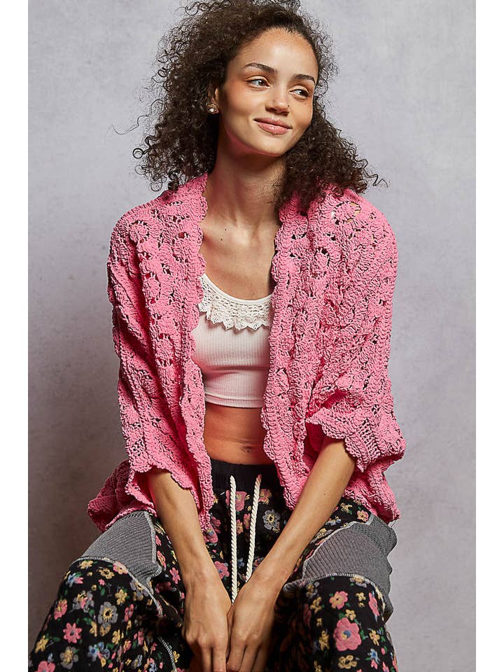 Pol Clothing - Wholesale Cardigan - Women's - Long sleeve v neck floral pattern crochet chenille cardigan5