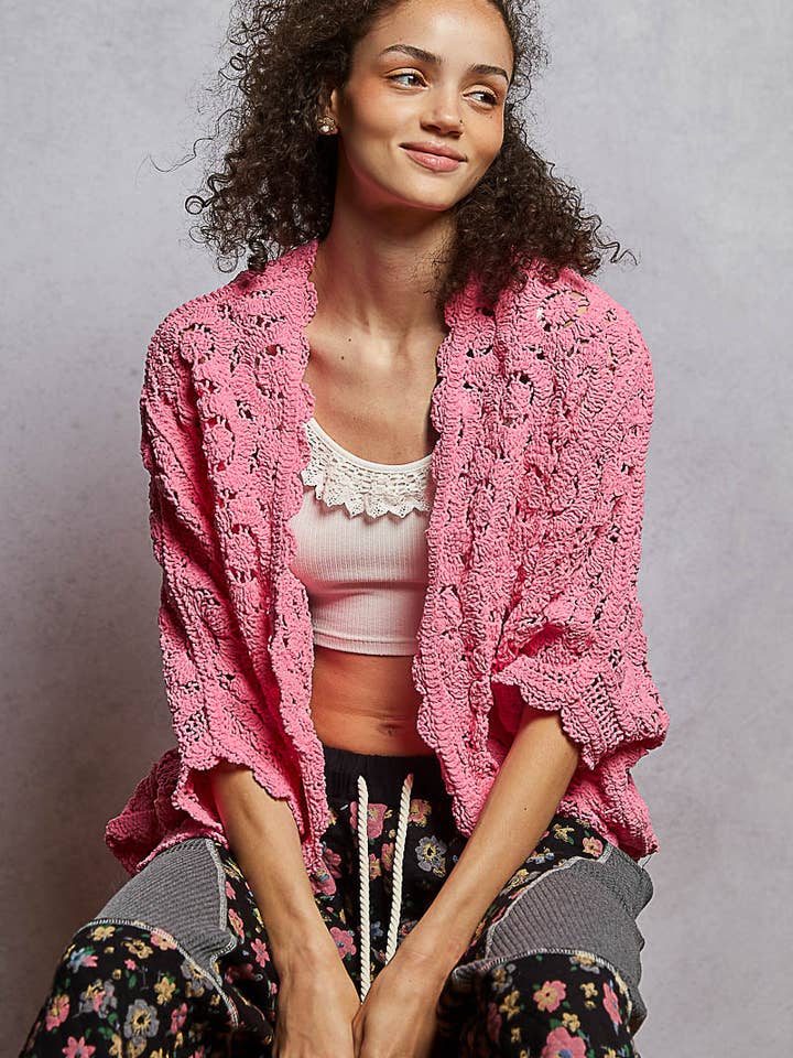 Long sleeve v neck floral pattern crochet chenille cardigan for wholesale by Pol Clothing