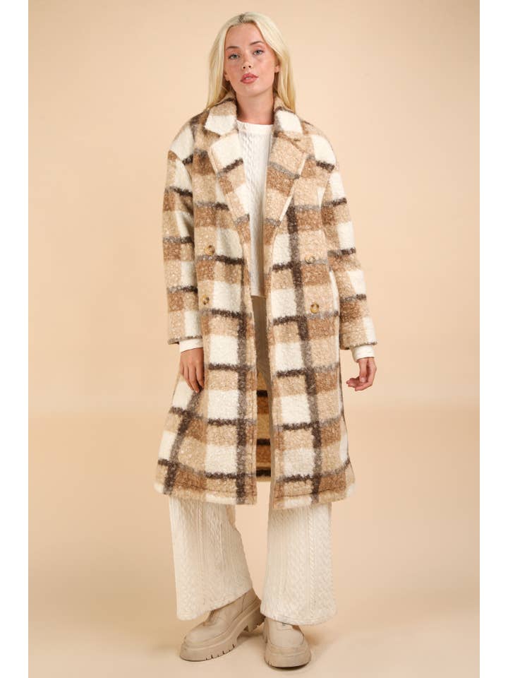 VERY J - Wholesale Coat - Women's - NJ90324X-PLUS SIZE Plaid Soft Fuzzy Button Down Long Coat
