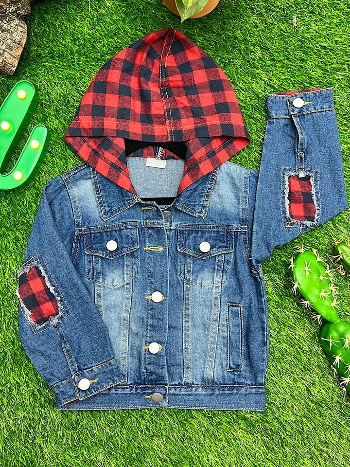 Kids Charm Online - Wholesale Denim Jacket - Kids - DARK BLUE DENIM JACKET WITH PLAID ELBOW PATCHES & HOODIE. TPG651422086-AMY