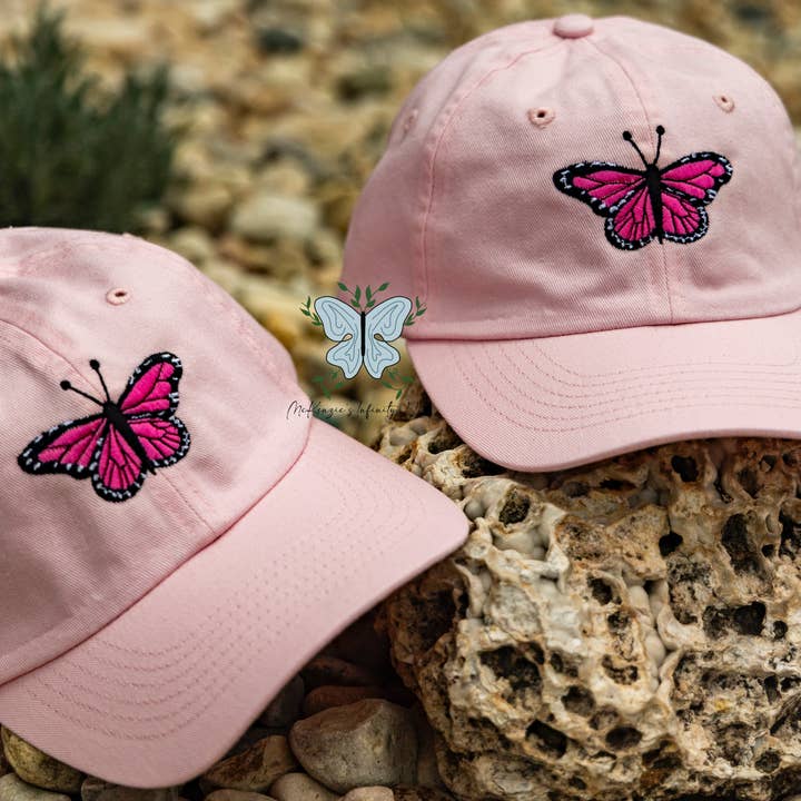YOUTH Pink Butterfly Embroidered Dad Cap/Hat for wholesale by McKenzie’s Infinity LLC
