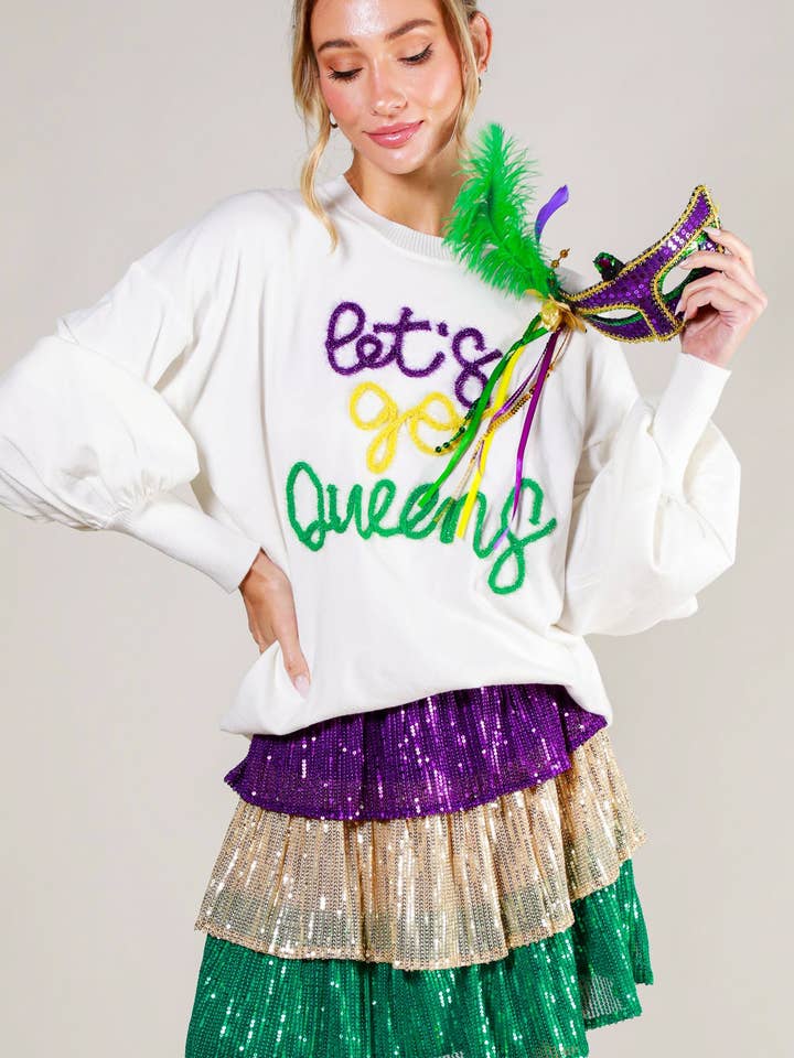 Camisola de Malha com Decote Redondo e Detalhe de Letras em Lantejoulas Mardi Gras VT81729F por atacado de Vine & Love