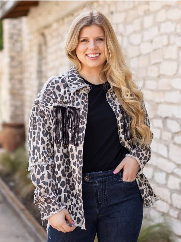 LEOPARD DENIM MED FRYNSEJAKKE for engroshandel hos DESHENG ENTERPRISE