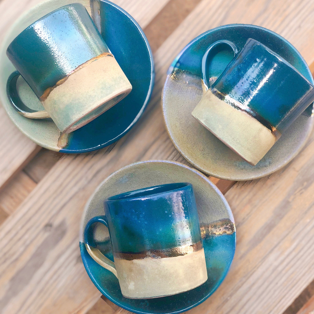 Los Artisans - Wholesale Coffee/Tea Cup - Green, Blue & Gold Coffee/Espresso Cup & Saucer Set10