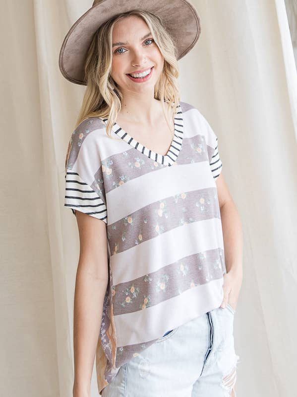 Color Block V Neck Drop Shoulder Short Sleeve Top T4214 for wholesale by 7th Ray