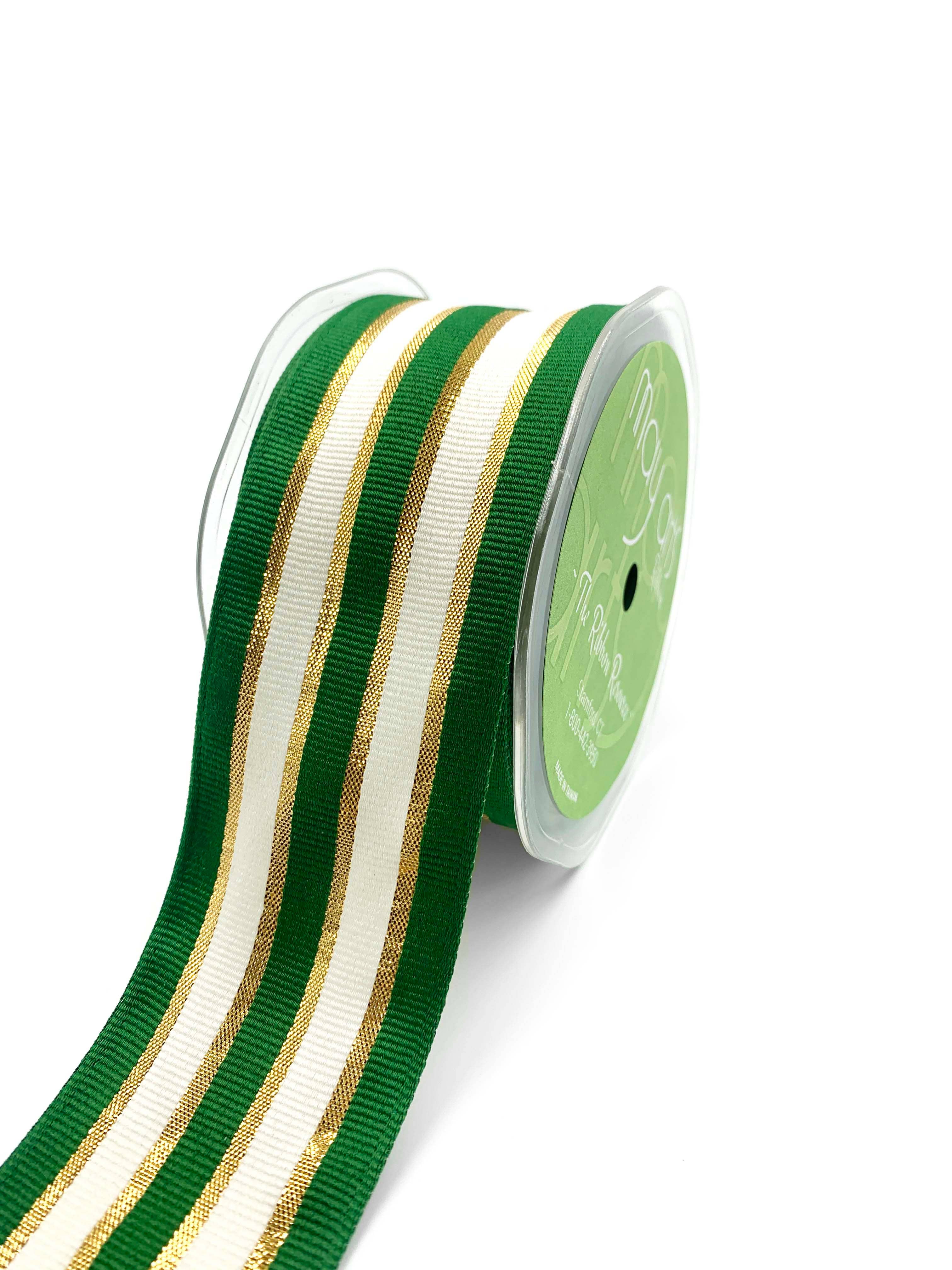 May Arts Ribbon - Wholesale Ribbon - Gift Wrapping - ~2" Green Woven Metallic Gold Stripe Wired Ribbon