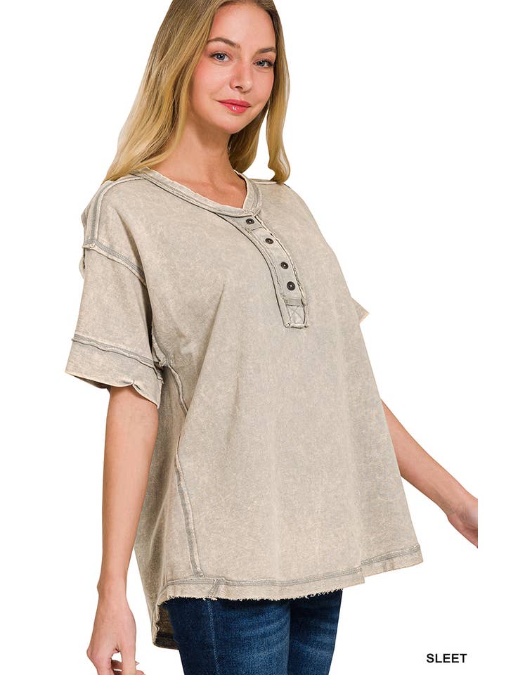 42POPS - Wholesale Knit Top - Women's - ',, Washed Raw Edge Detailed Button Closure Top