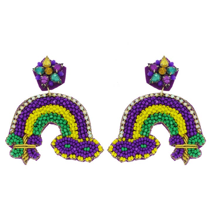 SP Sophia Collection - Wholesale Dangle Earrings - Mardi Gras Rainbow Mask Fleur De Lis Earrings