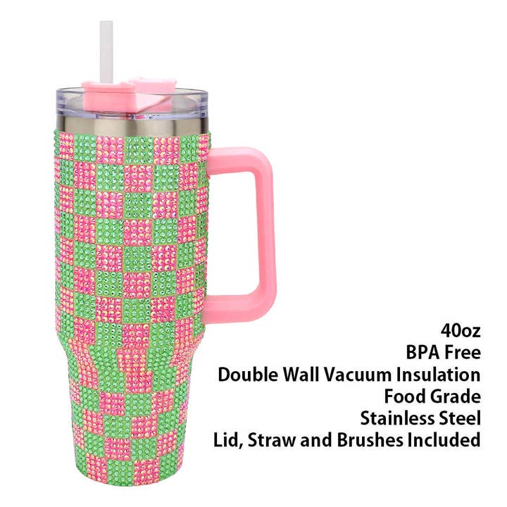 PK PG Bling Studded Checkered Patterned 40oz Stainless Tumbler for wholesale on Faire