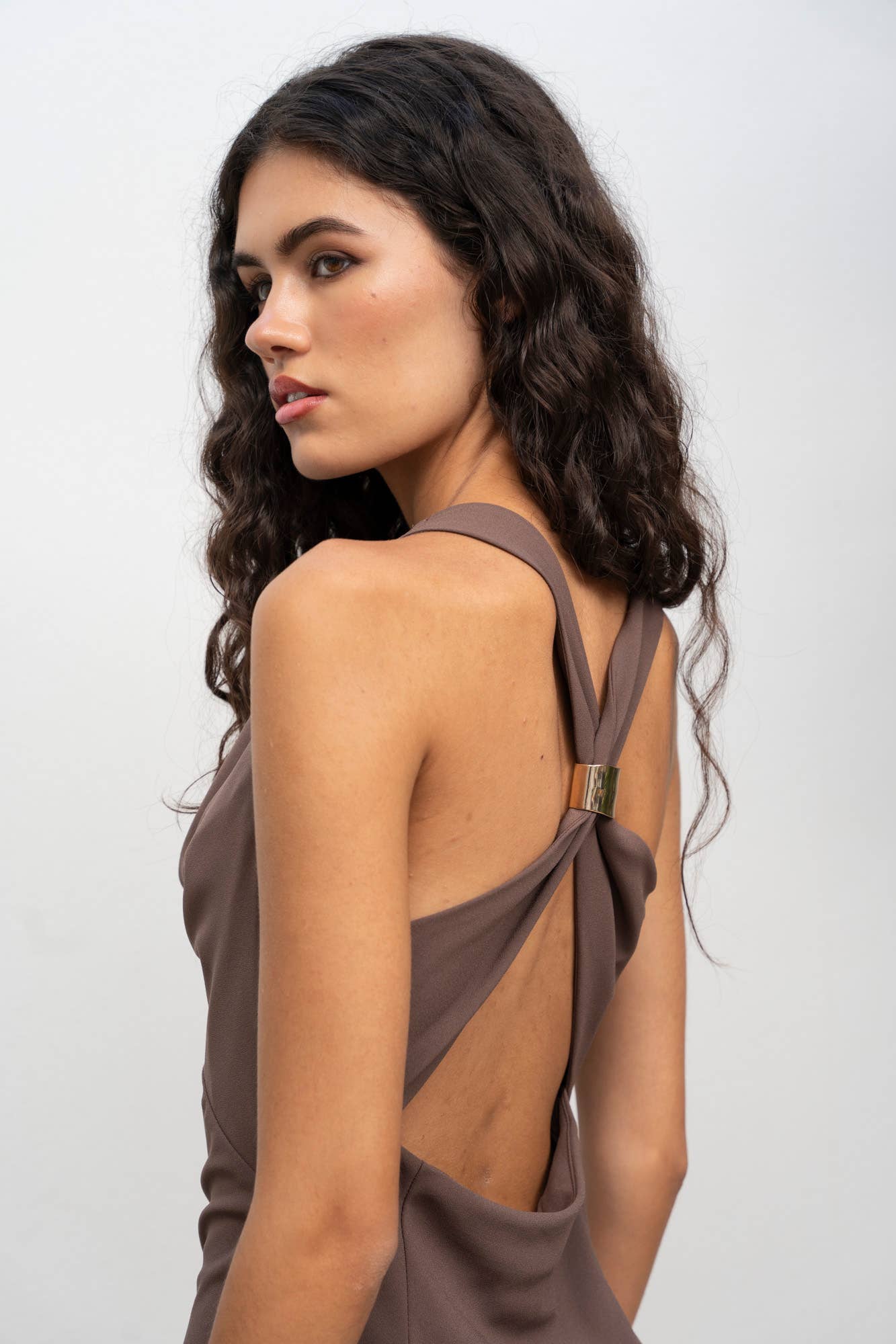 Brown CROSS-BACK MIDI DRESS for wholesale on Faire4