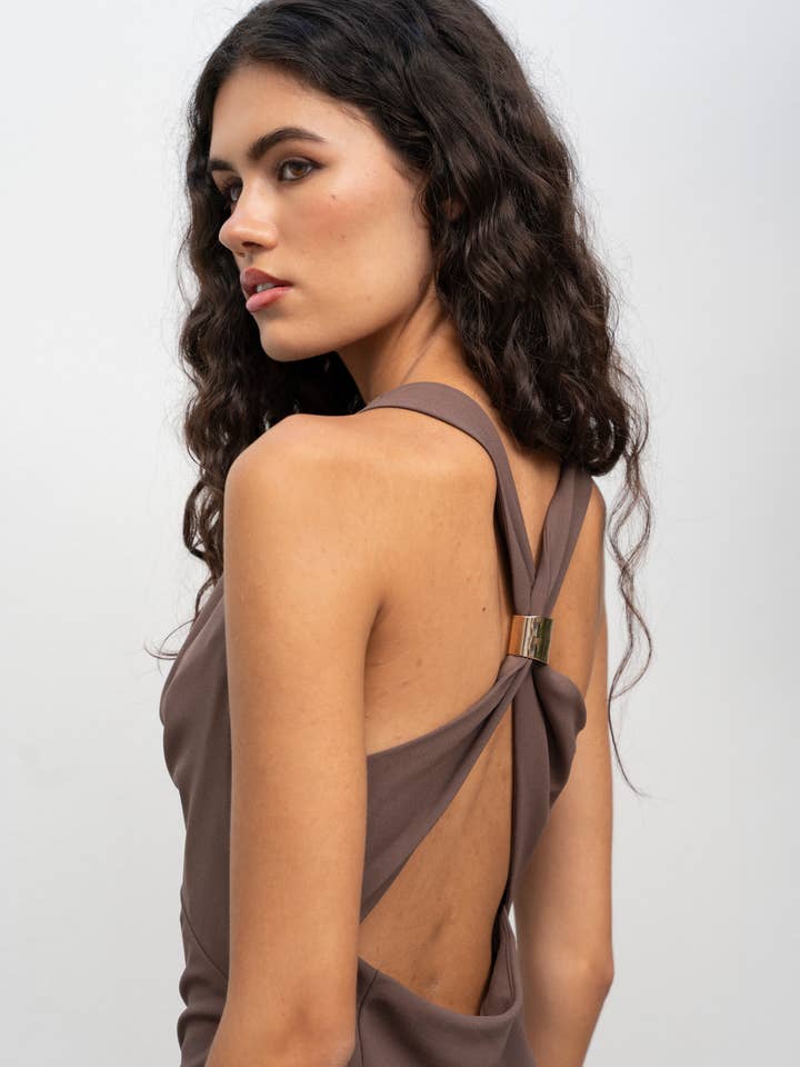 Brown CROSS-BACK MIDI DRESS for wholesale on Faire4