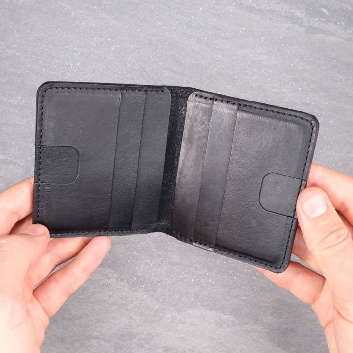 Cartera unisex plegable vertical de piel negra para venta al por mayor de HOLD SUPPLY