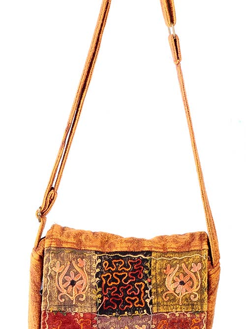 Embroidered brown patchwork crossbody for wholesale by Earth Divas