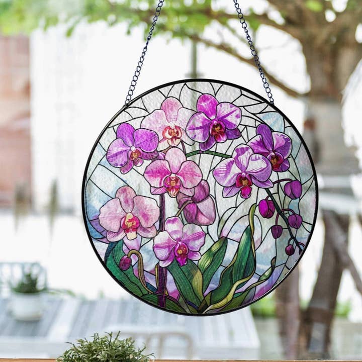 Stained Glass Pink Orchid Suncatcher, Floral Window Decor for wholesale by TMLECOM LTD
