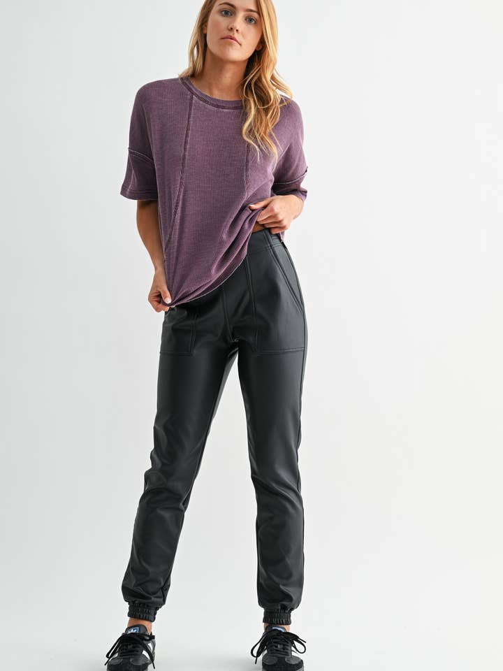 Black Vegan Leather Joggers for wholesale on Faire4