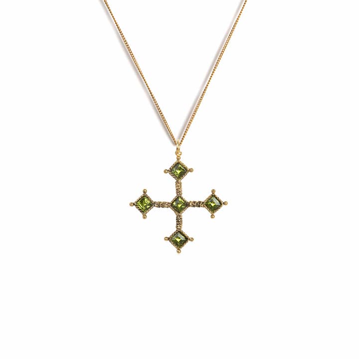 Brigid Cross Charm Necklace Earth Olivine - Gold for wholesale by VSA Designs Inc.
