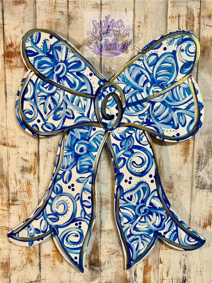 Chinoiserie Bow with gold accents door hanger 22” for wholesale by Sunflower Soul Art