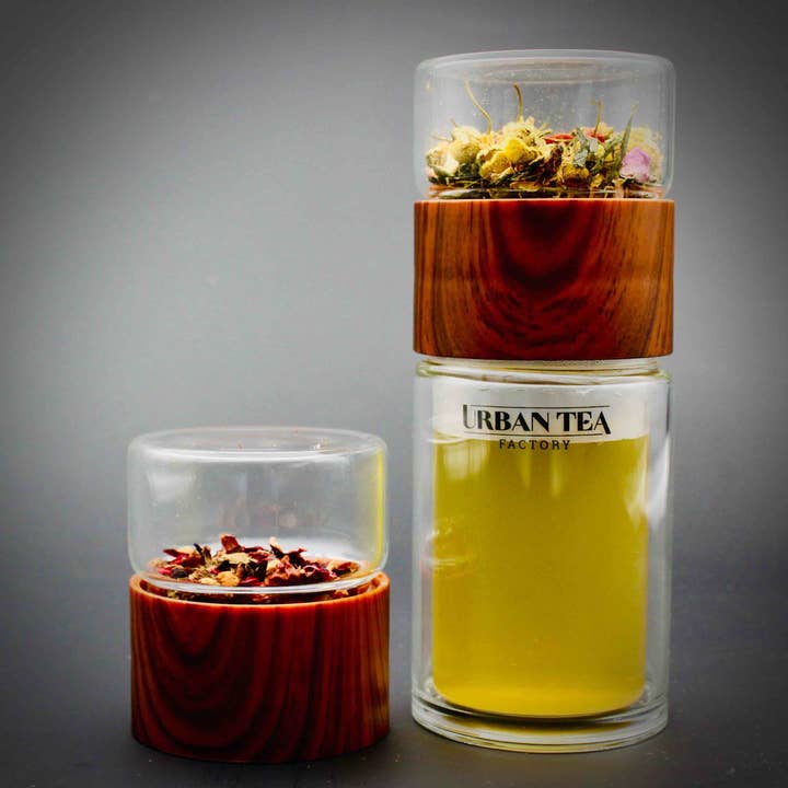Infusor de té, botella de té de vidrio térmico de doble pared, aspecto madera, plástico para venta al por mayor de Urban Tea Factory