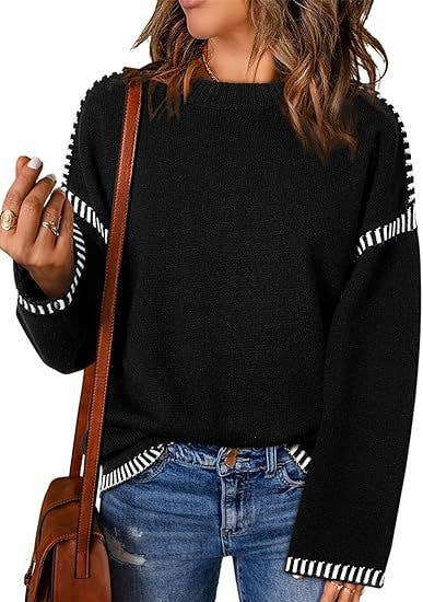 HIDDENBRAND - Wholesale Knit Sweater - Women's - Contrast Trim Cable Knit Pullover Sweater