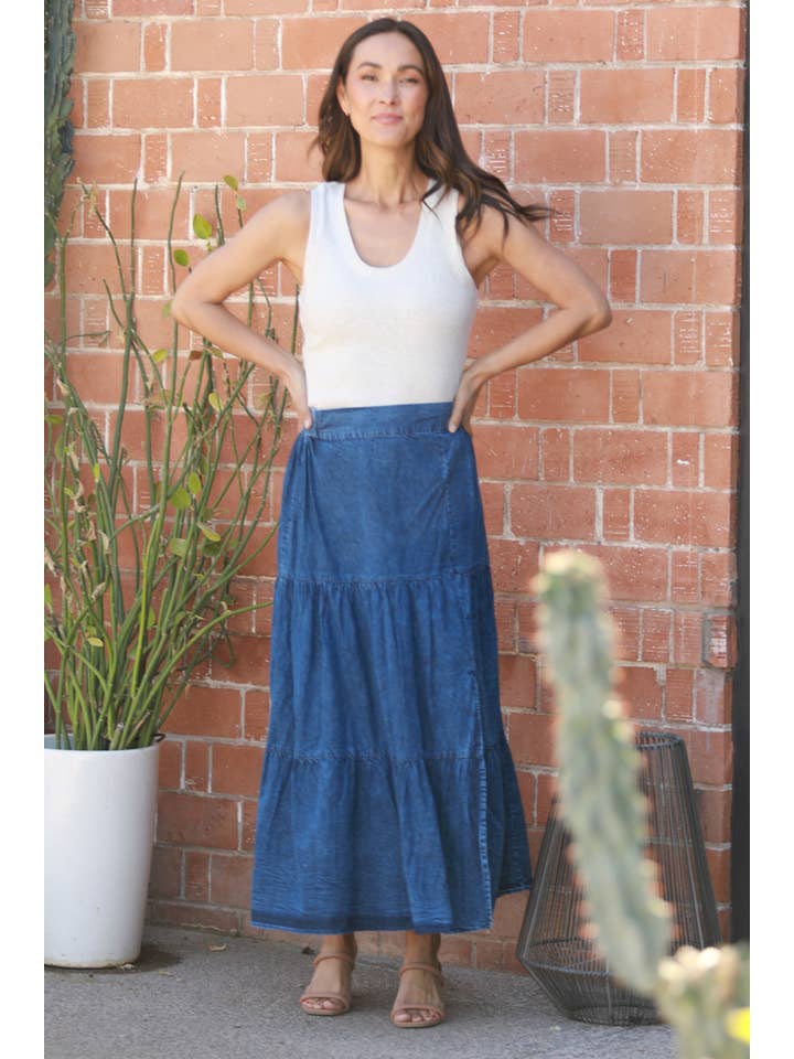 Nostalgia - Wholesale Skirt - Women's - N6B00-ASIS DENIM TIERED MAXI SKIRT WITH SLIT