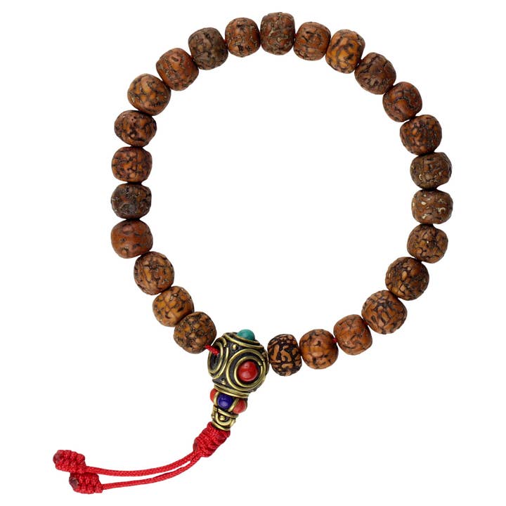 Bracciale Rudraksha perle marrone-chiaro ottone nappina rossa Mala per la vendita all'ingrosso da parte di Tribal Trade GmbH