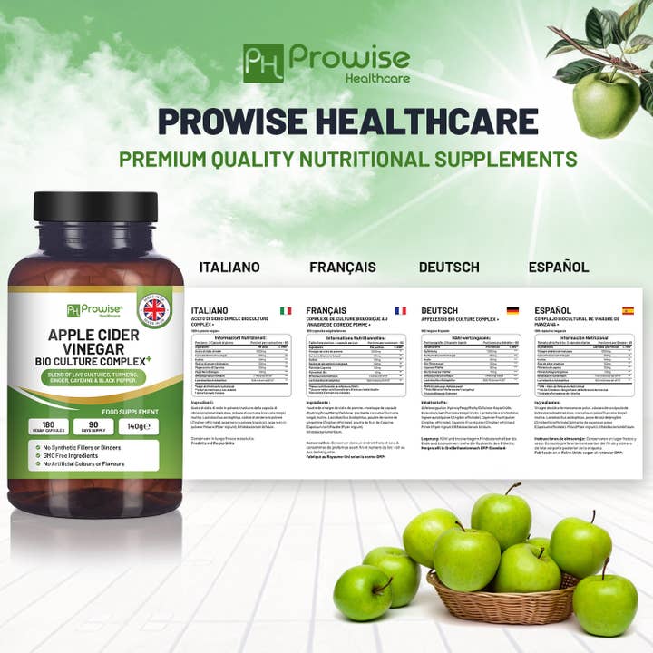 Prowise Healthcare - Vente Supplément oral/vitamine - Capsules Complexe de Vinaigre de Cidre 1300 mg - 180 capsules | Prowise Healthcare5