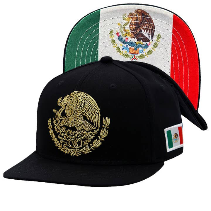 Cap Zone - Wholesale Flat Brim Cap - Unisex - Mexico Eagle Embroidered Flag Flat Bill Snapback