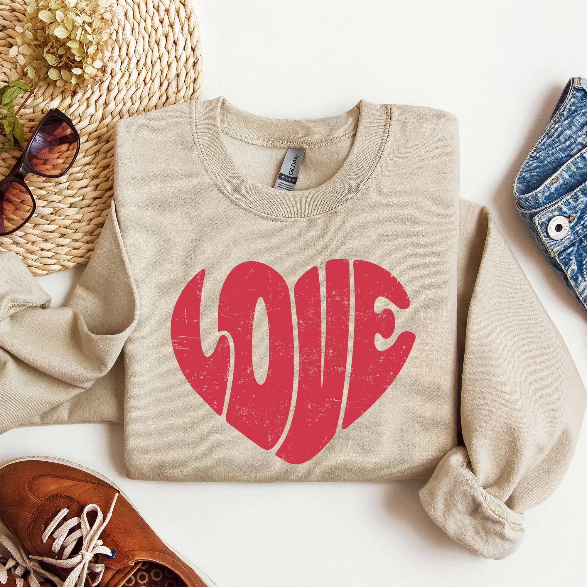Refinery Number One LLC - Wholesale Graphic Sweatshirt - Women's - Retro Love Heart, Vintage, Sweatshirt, Valentine's Day1