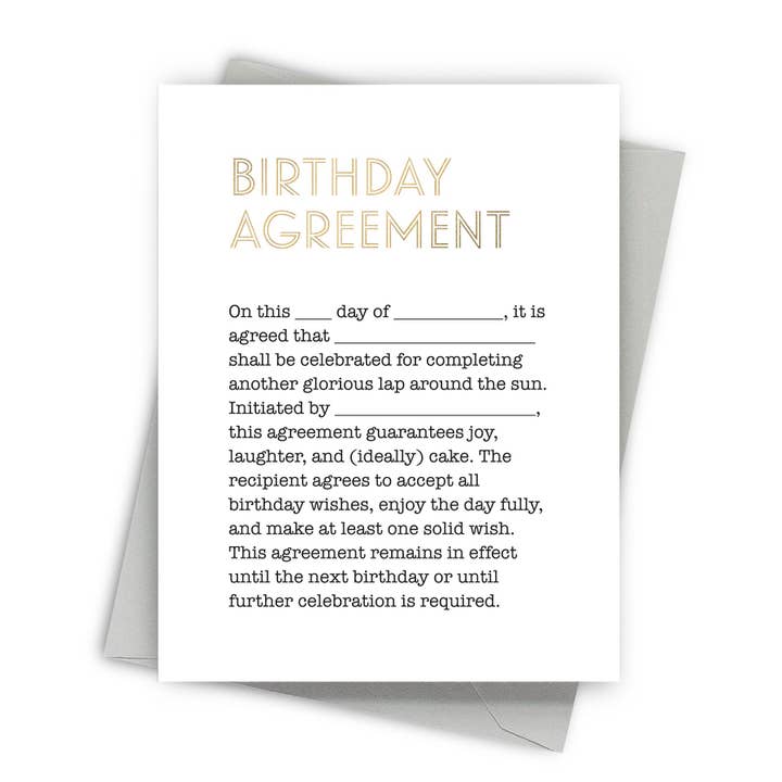 Birthday Agreement - Foil Pressed Birthday Card for wholesale by Fine Moments